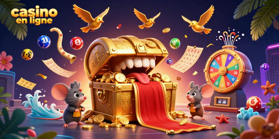 Découvrez les trésors du casino en ligne avec un coffre brillant et des jeux animés autour.