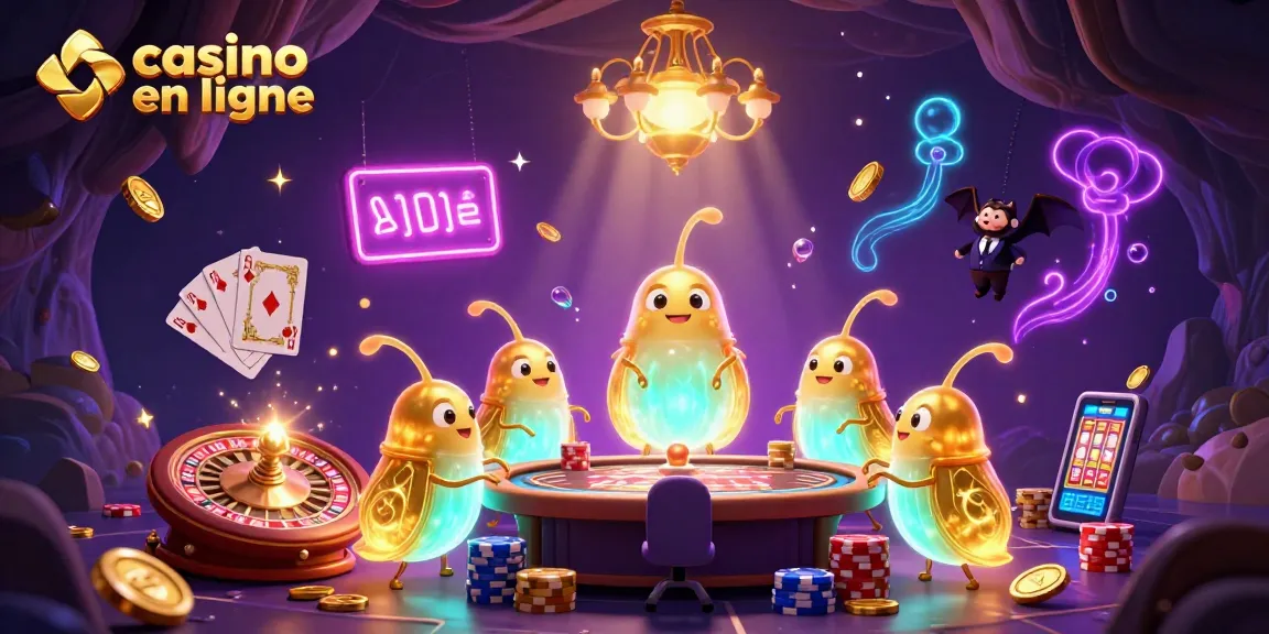 Image colorée illustrant des vers luisants illuminant un casino avec un croupier chauve-souris, dans une scène liée au casino en ligne.