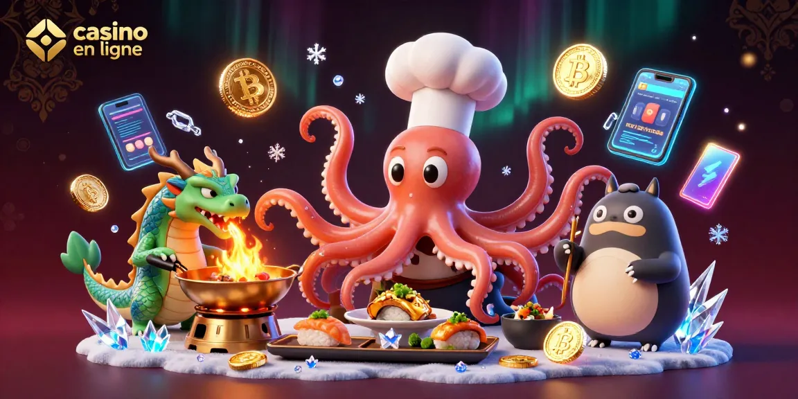 Découvrez une illustration 3D animée où "casino en ligne" rencontre un chef sushi pieuvre préparant des plats dorés avec des éléments de cryptomonnaie.