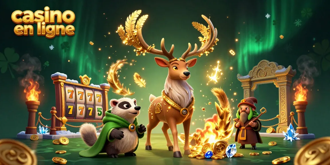 Jouez dans un casino en ligne captivant avec un cerf druidique et un blaireau, entouré de symboles de chance.