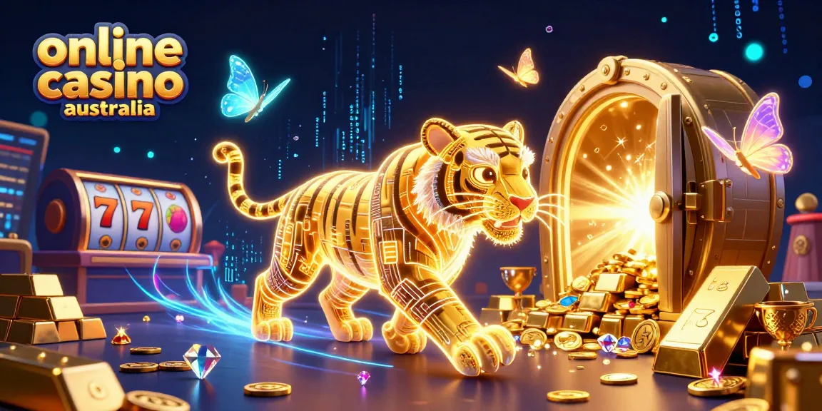Experience the thrill of online casino Australia with vibrant winnings under a golden vault.