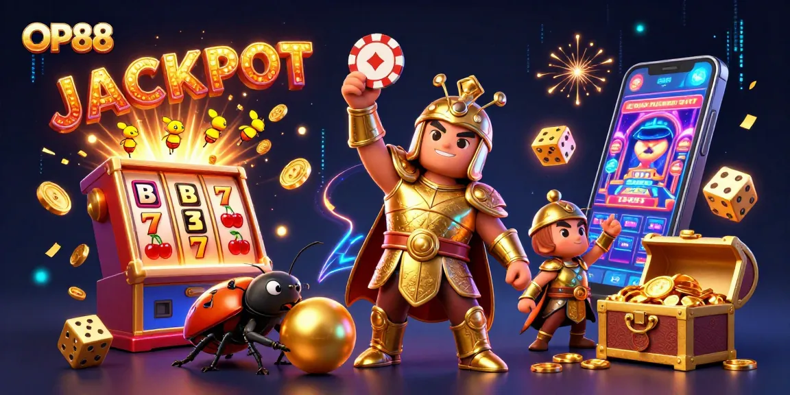 Experience the excitement at OP88, featuring a cartoon hercules beetle in victory, surrounded by casino games and jackpots.
