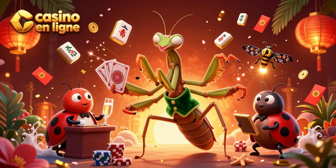 Jouer au casino en ligne avec une illustration dynamique d'un mante religieuse et un gérant sous un lustre doré.