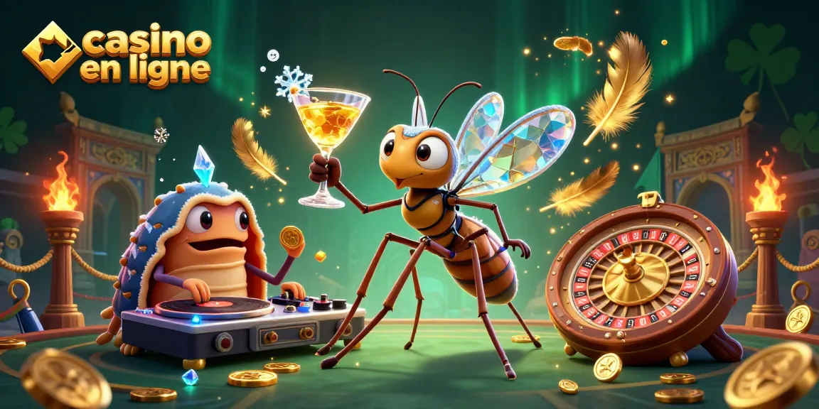 Jouez au casino en ligne avec une ambiance animée, incluant un moustique mascotte et un DJ trilobite.