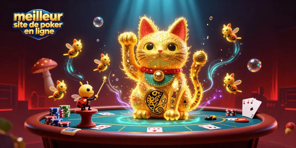 Jouez au meilleur site de poker en ligne avec une illustration dynamique de poker et des symboles de casino.
