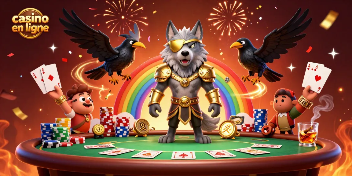 Plongez dans l'univers du casino en ligne avec le loup Odin et ses corbeaux, entourés de jetons colorés et de cartes gagnantes.