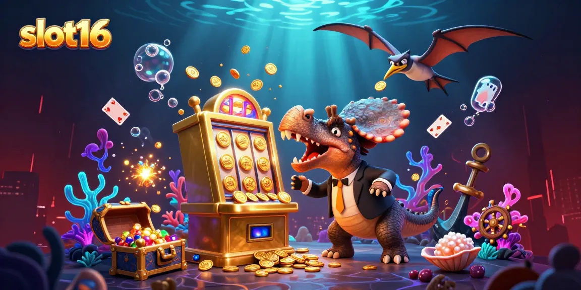 Engage with slot16's jackpot excitement as a dinosaur powers up the slot machine!