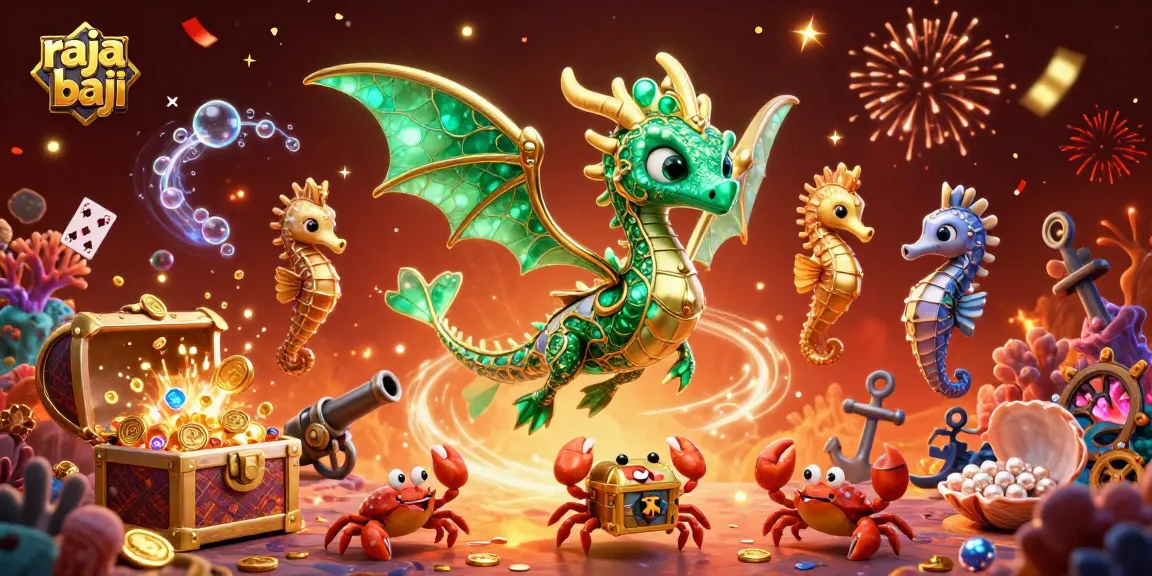 Experience the raja baji sea dragon guarding treasure in this vibrant 3D casino illustration.