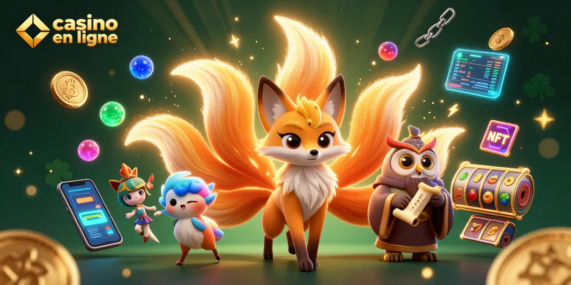 Illustration vibrante de casino en ligne avec un renard à neuf queues et des symboles de jeu lumineux.
