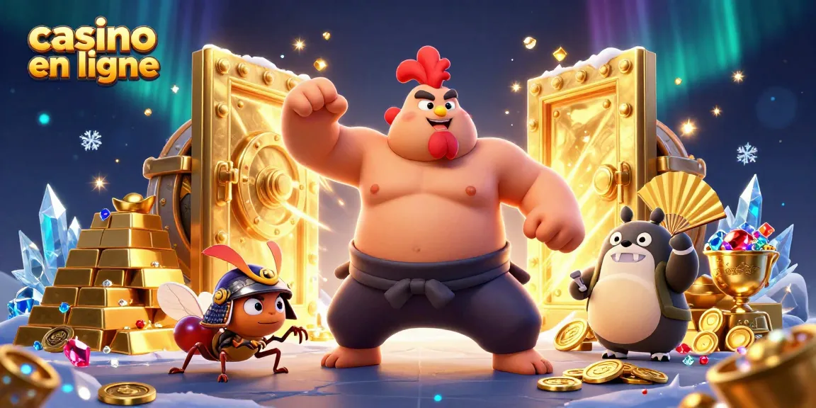 Visualisation captivante de casino en ligne avec un sumo, un criquet, et un tanuki enthousiastes.