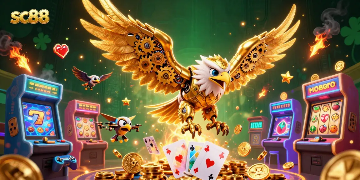 Experience sc88 with a vibrant 3D casino scene of cybernetic eagles and colorful game elements.