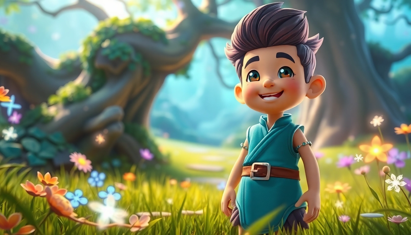 Engaging character from yono game in a magical forest, decorated with vibrant colors and enchanting elements.