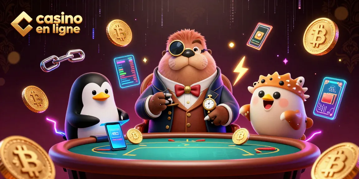 Table de poker animée avec un morse et un croupier, jouant au casino en ligne.