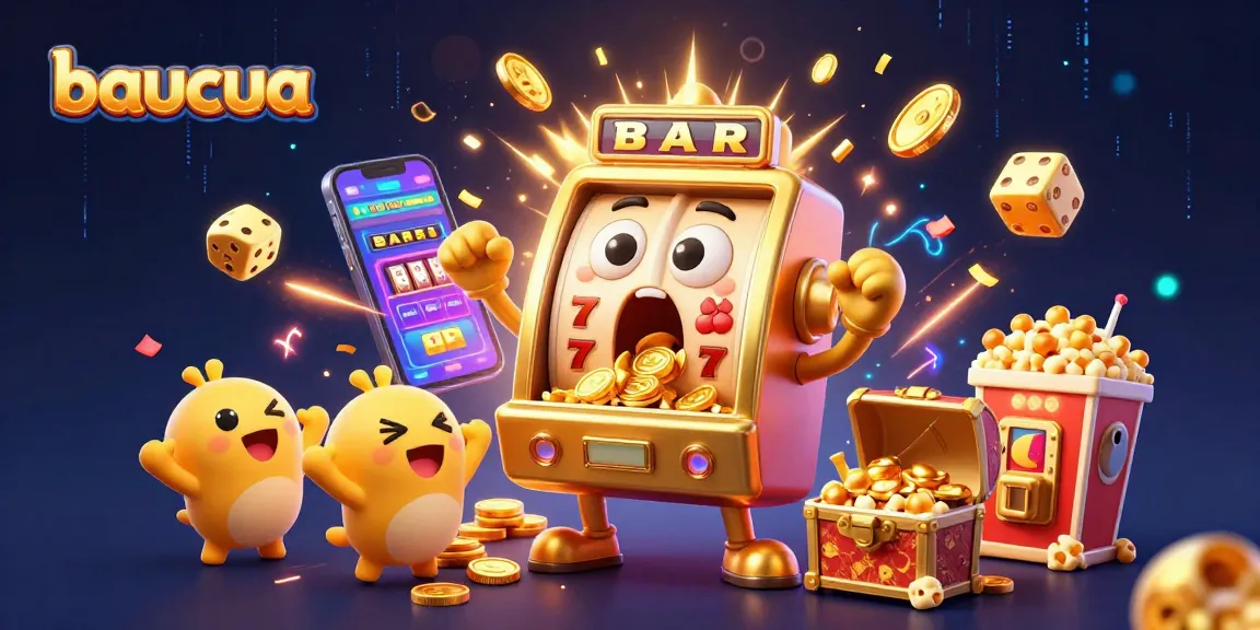 Baucua brings excitement as the animated golden slot machine wins a jackpot amid a vibrant casino scene.