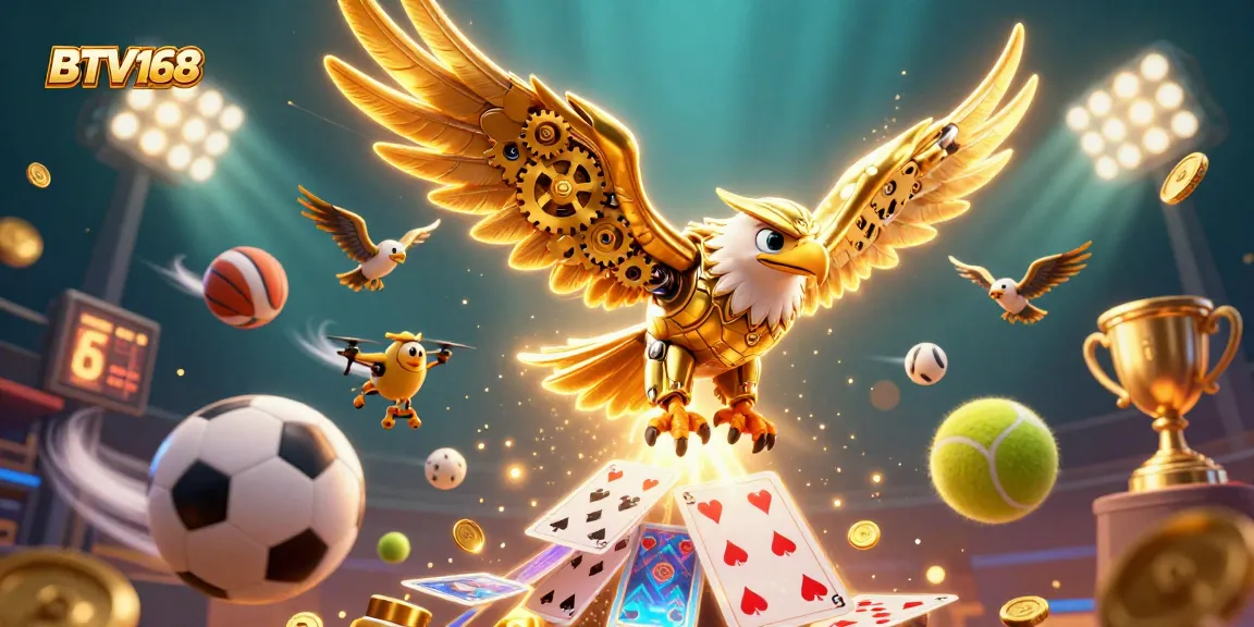 BTV168 showcases a dynamic casino scene with a cybernetic eagle, sports elements, and glowing trophies, emphasizing action.