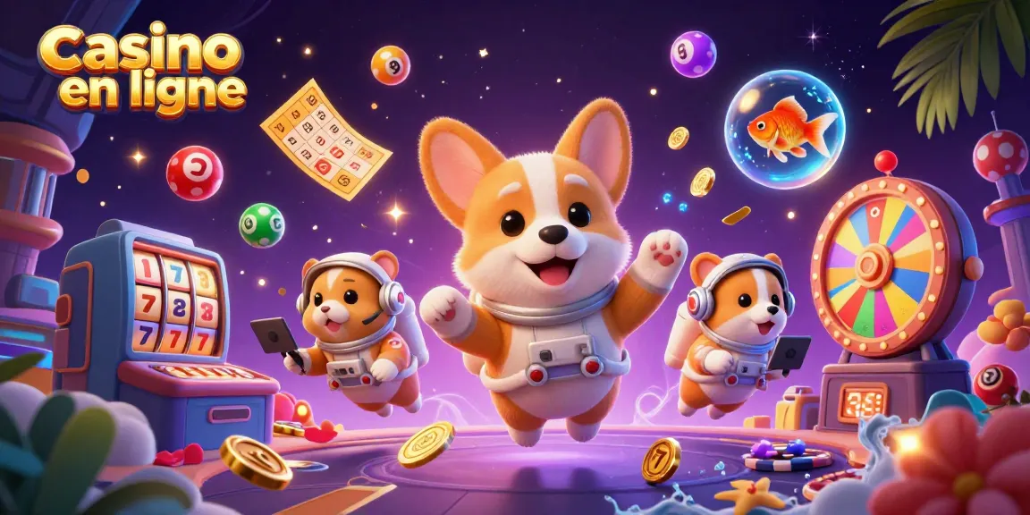Jouez sur notre casino en ligne avec des personnages animés flottants et des éléments colorés autour.