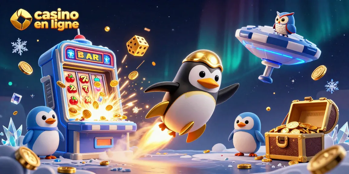 Une illustration de casino en ligne avec un pingouin doré dans l'espace, des machines à sous et des symboles colorés.