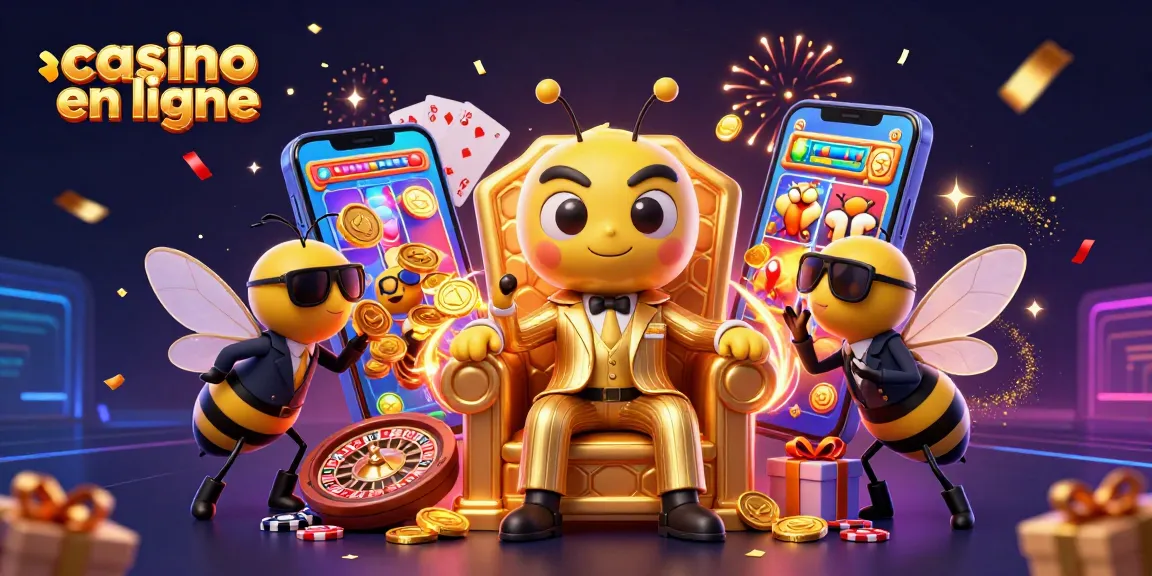 Découvrez l'énergie du casino en ligne avec un boss abeille et des gardes, entourés de jeux et de confettis.