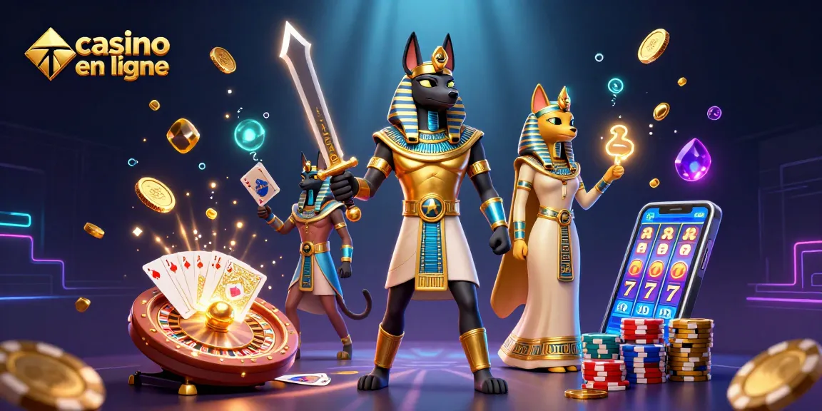 Découvrez un casino en ligne éclatant avec Anubis et Bastet, entourés de pièces d'or et de cartes.