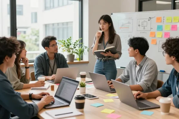 Young entrepreneurs collaborating at https://www.startsomethingpc.com in a vibrant co-working space, showcasing innovation and creativity.