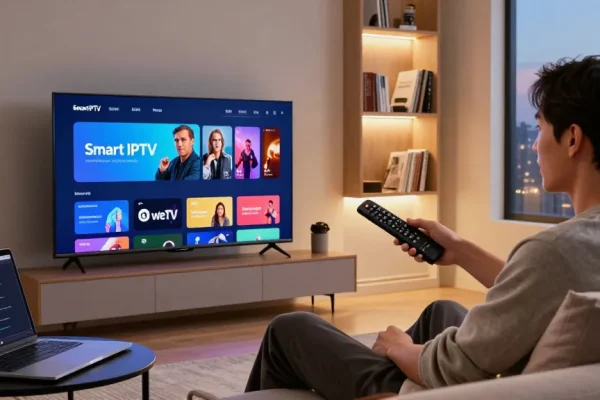 Smarter IPTV Nutzung im modernen Wohnzimmer mit Tablet und TV