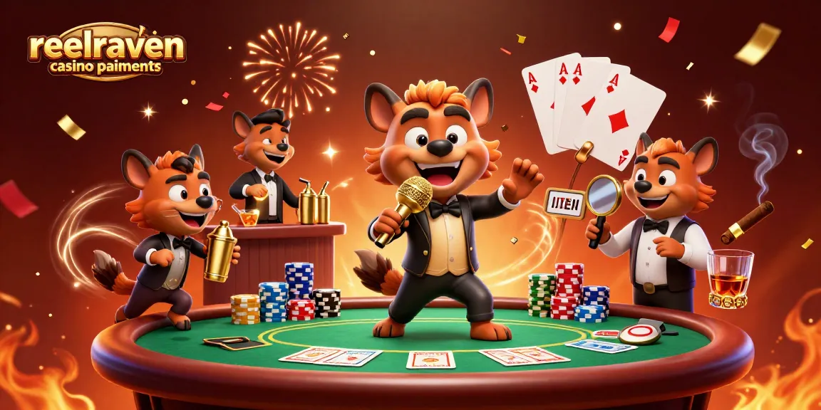 Paiements ReelRaven : hyènes jouant dans un casino animé, poker et ambiance festive