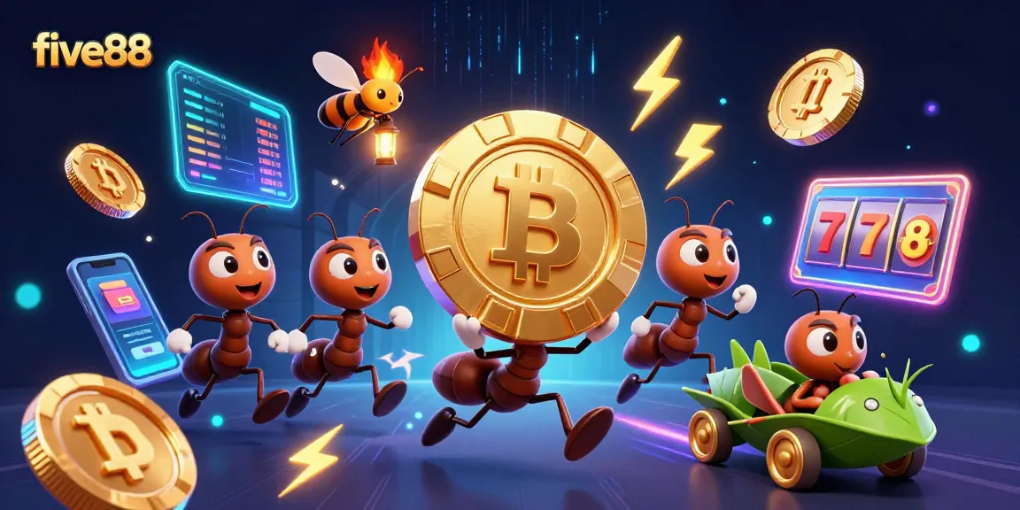 Engage in gameplay with five88's vibrant casino scene of playful ants heisting a golden poker chip.