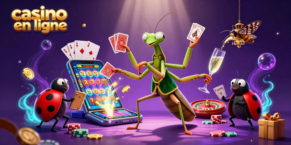 Illustration de casino en ligne avec un insecte de carte jouant aux jeux de casino.