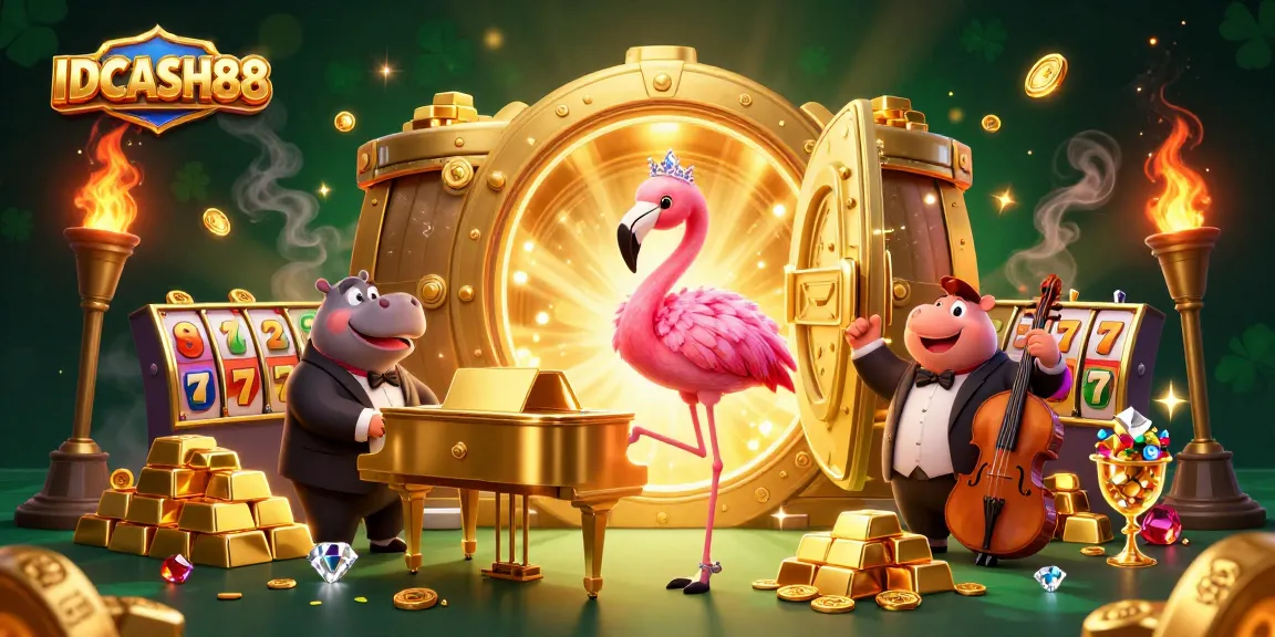 Join the fun at IDCASH88 with vibrant casino characters amidst winning slots and treasures.