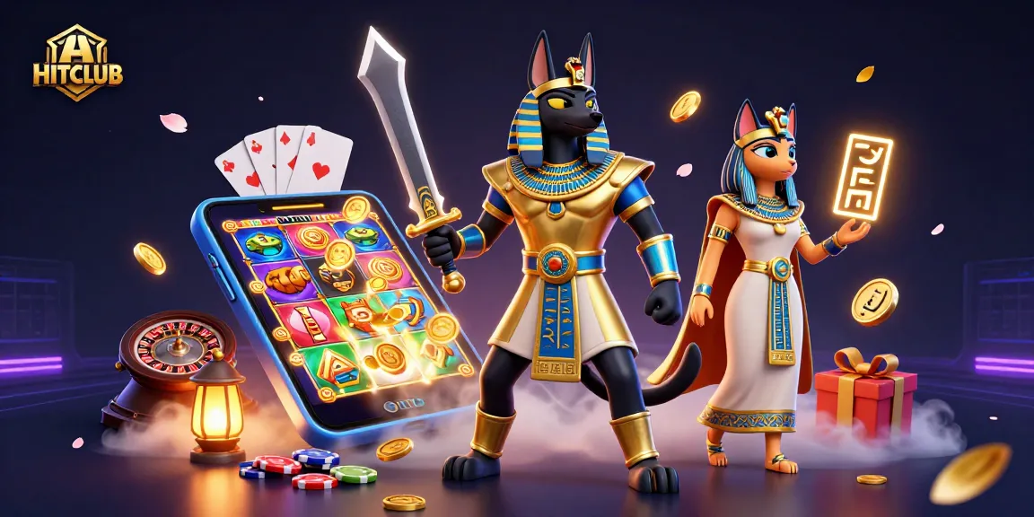Engage with HITCLUB's vivid casino world featuring Anubis and Bastet amidst slot games and gold.
