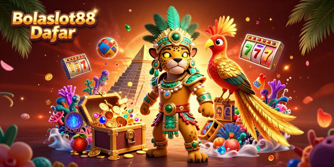 Bolaslot88 Daftar showcases an energetic scene with a Mayan priest and vibrant slot games for an immersive gaming experience.