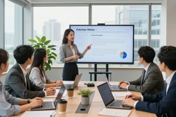 Chef bewerten anonym in professionellem Kontext, Team diskutiert Feedback in modernem Büro.