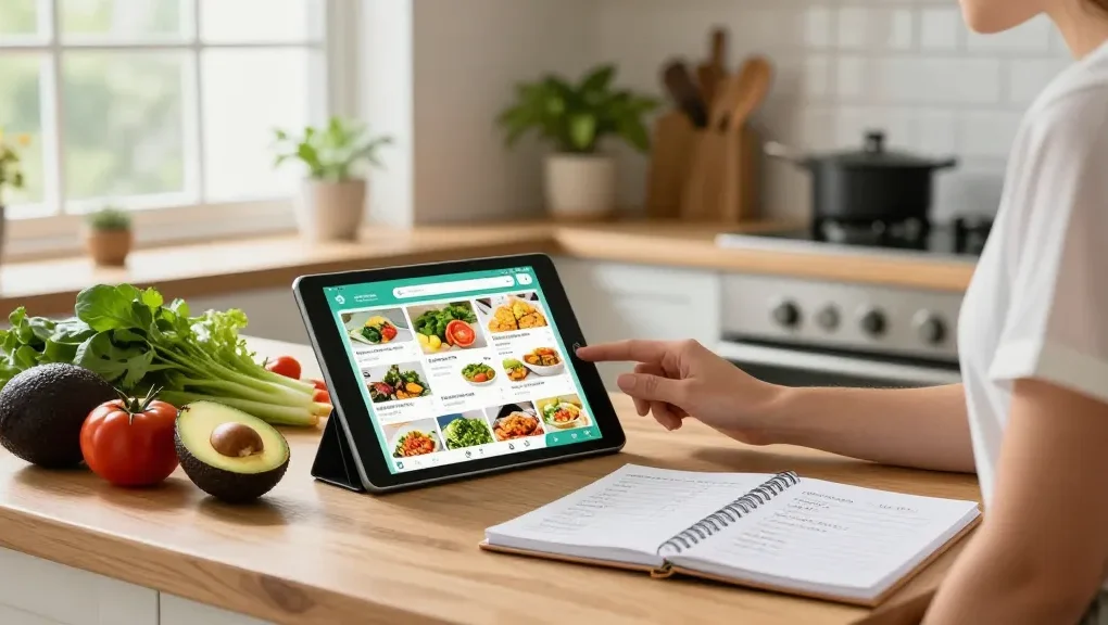 Chef using the best food tracker app to log meals in a bright kitchen filled with fresh ingredients.