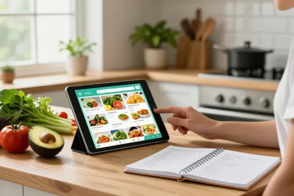 Chef using the best food tracker app to log meals in a bright kitchen filled with fresh ingredients.