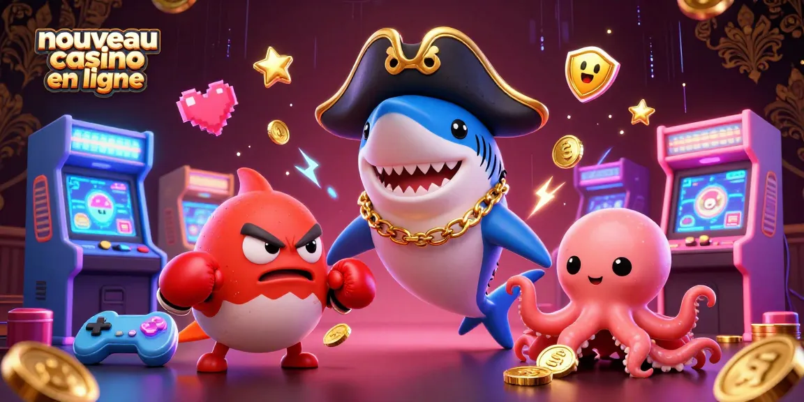 Illustration dynamique d'un nouveau casino en ligne avec un requin pirate, un poisson-globe, et un bébé pieuvre.