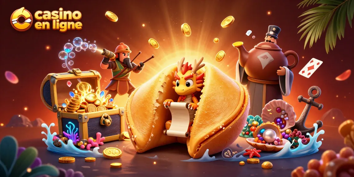 Jouer à casino en ligne : illustration d'un dragon sage et un cookie fortune avec des éléments de jeu colorés.