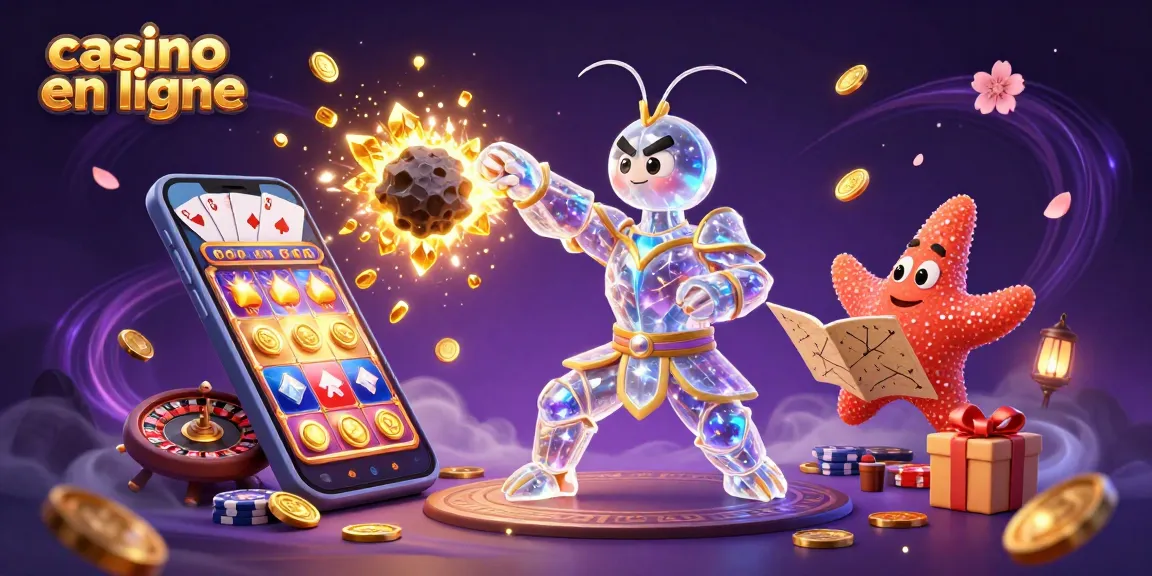 Visuel captivant de casino en ligne avec un samouraï galactique et une étoile de mer, incluant des gains en pièces et des jeux d'argent.