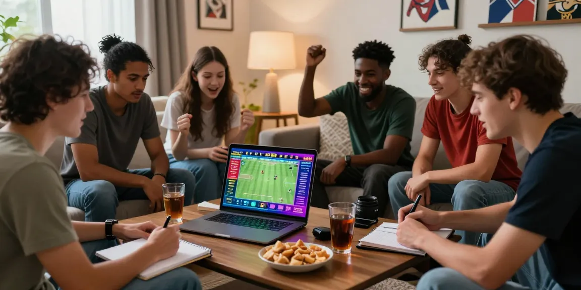 Friends enjoying sportsbook excitement with link alternatif raja328 in a cozy living room.