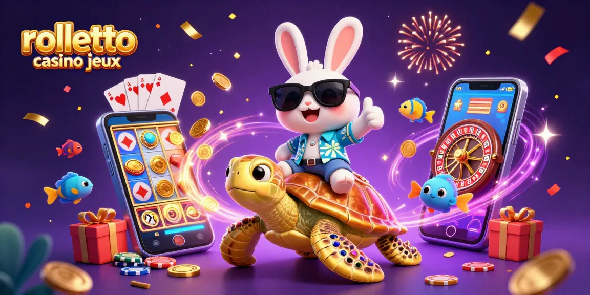 Jouez aux jeux du casino Rolletto avec cet adorable lapin et une tortue en or, entourés de chance.