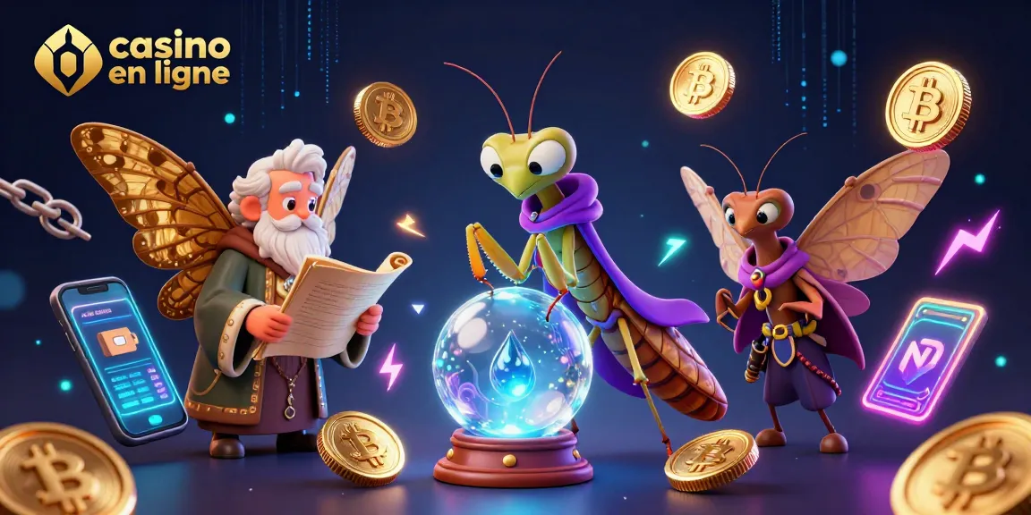 Jouer sur un casino en ligne avec une illustration 3D captivante de personnages mystiques et éléments crypto