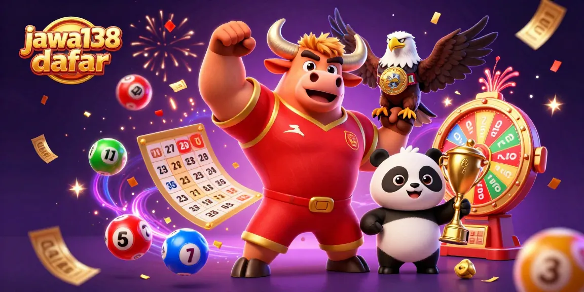 Experience thrilling gameplay with jawa138 daftar as the bull mascot celebrates jackpot wins surrounded by colorful lottery elements.