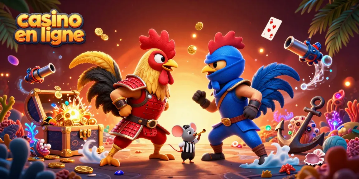 Découvrez des jeux de casino en ligne passionnants avec cette illustration dynamique de combat de coqs.