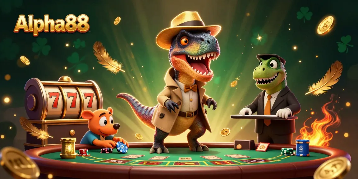 Alpha88 gaming scene featuring a velociraptor at blackjack, surrounded by classic slot elements.