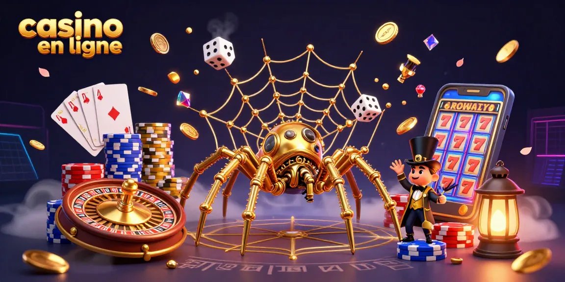 Attraper des dés malchanceux dans un casino en ligne vibrant, mettant en scène une araignée steampunk et un homme vol.