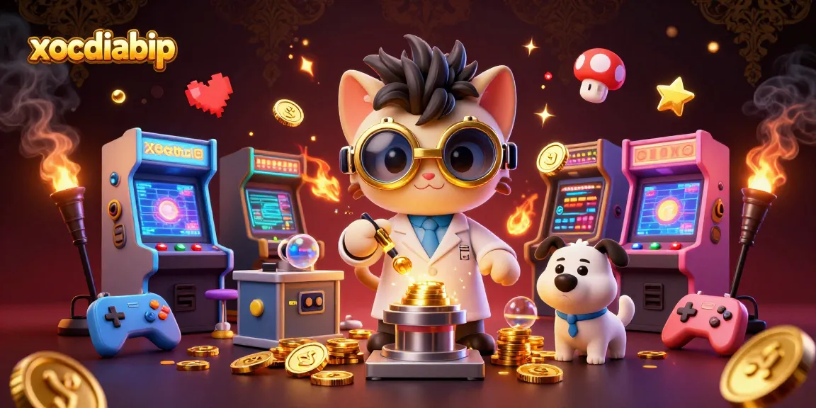 xocdiabip showcases a cartoon cat scientist and dog assistant in a vibrant casino lab bursting with gold coins.