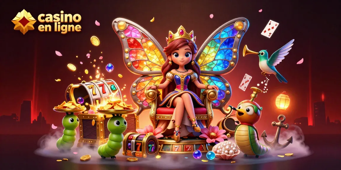 Profitez des jeux de casino en ligne avec une reine papillon entourée de joyaux et de jetons dans un décor vibrant.