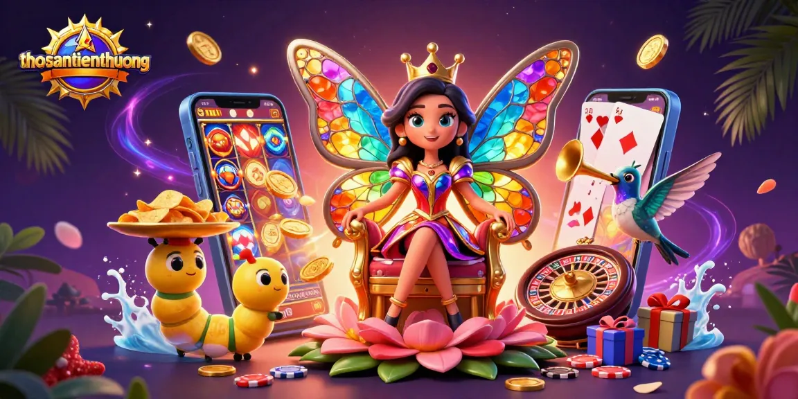 Engage with thosantienthuong in a vibrant, fantasy gambling scene packed with animated characters and casino elements.
