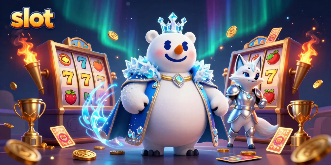Menangkan jackpot slot dengan raja beruang kutub dan rubah salju dalam ilustrasi kasino.