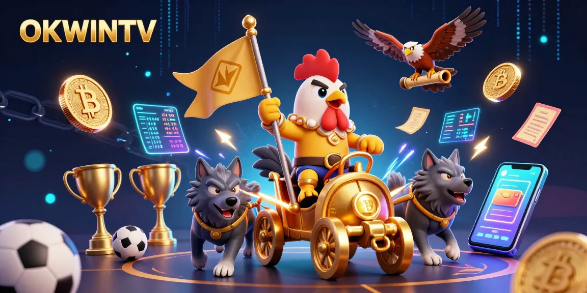 Experience thrilling sports betting with OKWINTV, showcasing vibrant 3D elements and dynamic gaming atmosphere.