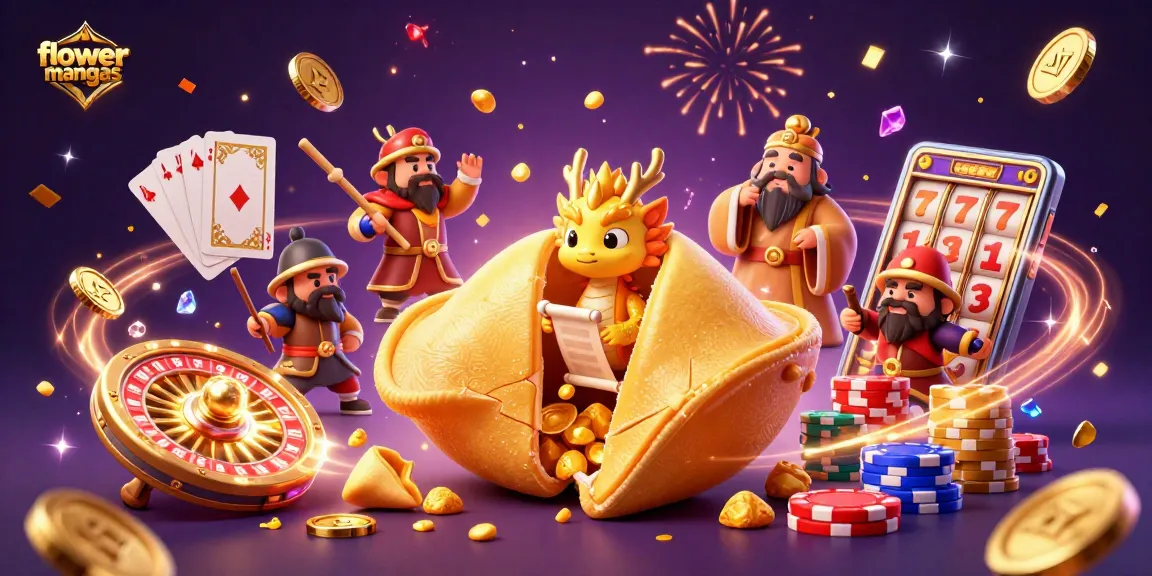 Engage in exhilarating gameplay at flowermangas featuring golden fortune cookies, shimmering coins, and vibrant cards.
